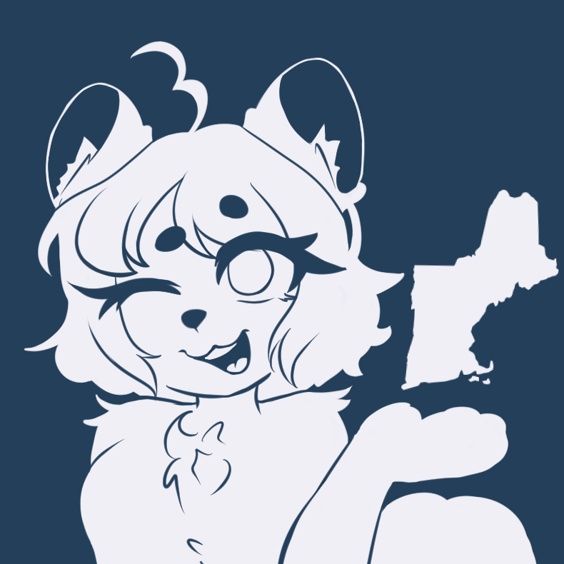 Art of the mascot of the Furries of New England group, holding up the New England region.